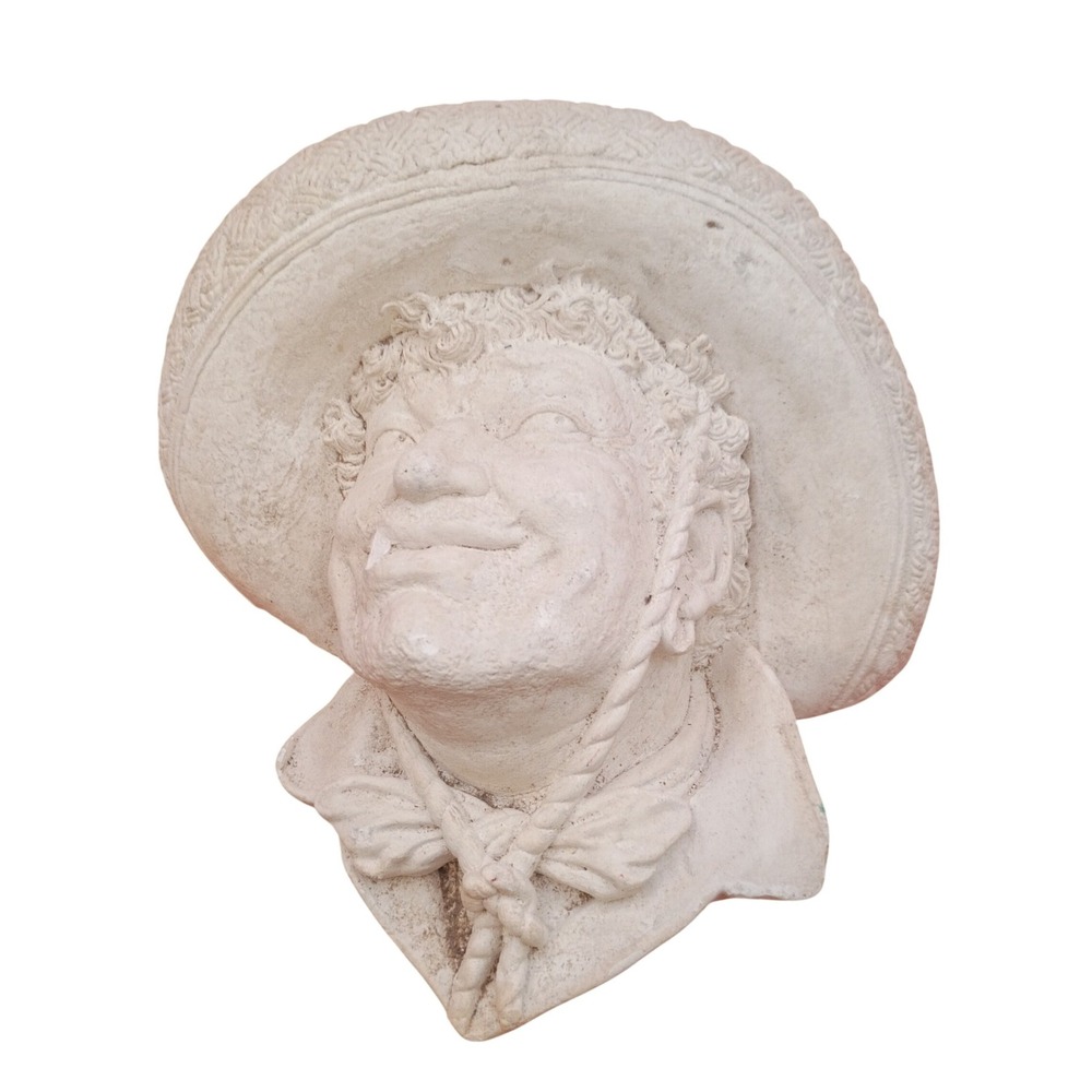 Chalkware Wall Plaque Bust Smiling Man Hat 7.5in White Vintage Kitsch